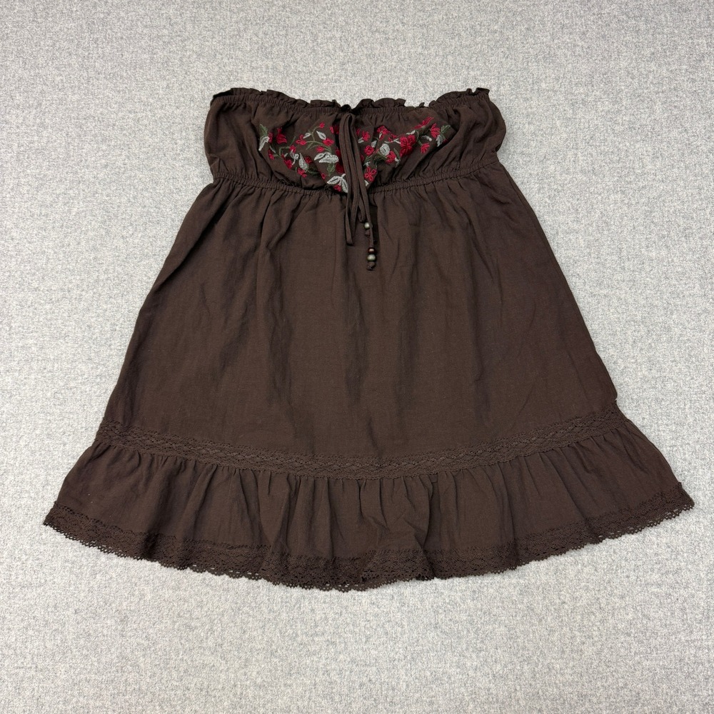 Wild Fable | Strapless Floral Embroidered Tube Top | Large | Brown | Boho Ruffle